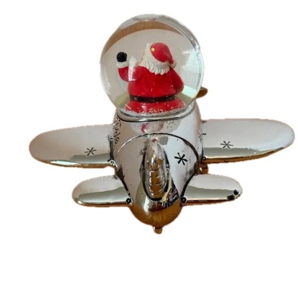 Santa Flying a Vintage Airplane Snow Globe, Waving from Cockpit, Propeller Spins - Picture 5 of 11